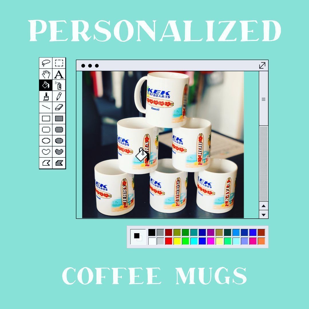 A pyramid of personalized coffee mugs on a desk, within a simulated Microsoft Paint graphic.