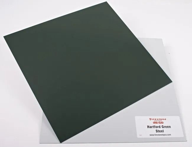Dark green square sheet on a white background with a small label in the lower right corner
