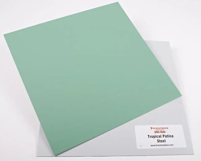 Mint green square cardstock on white background with small label reading “Tropical Falsa Steel.”