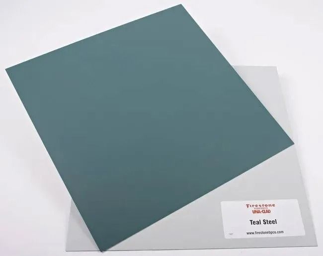 Two overlapping square sheets, teal on top of white, with a small label in the lower right