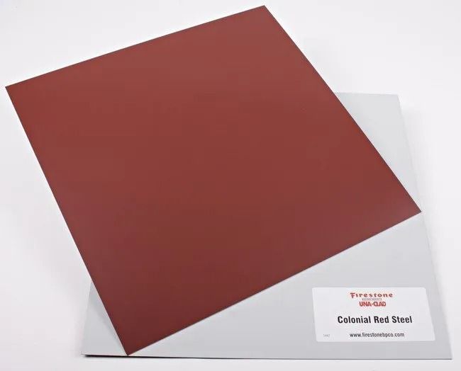 Red-brown paint swatch on a white sample card labeled “Cavish Red Steel.”