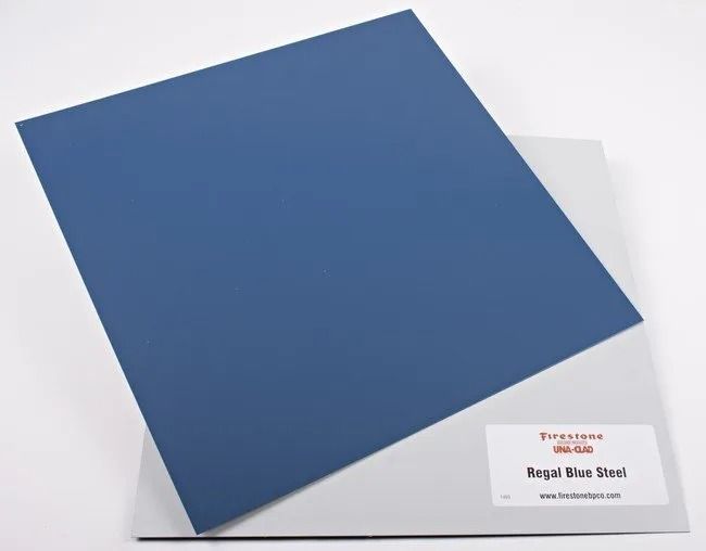 Blue steel sheet on a white backing card with a small product label in the corner