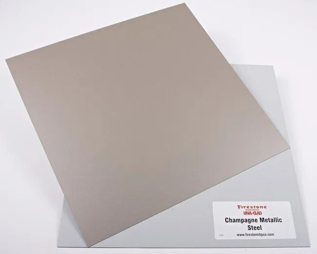 Champagne metallic steel square tile on a white background with label card