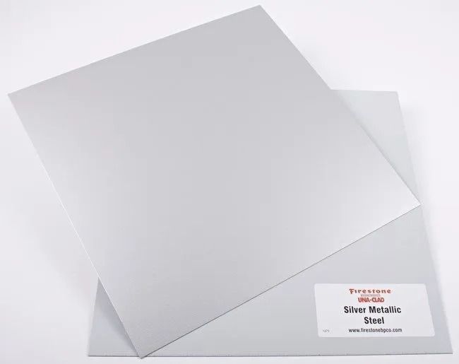 Two overlapping metallic silver sheets with a small label in the lower right corner.