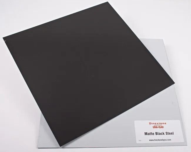 Black matte steel panel displayed on a white background with a product label.