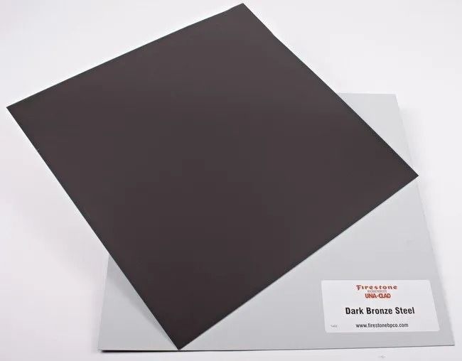 Dark bronze steel sample sheet on a white display card