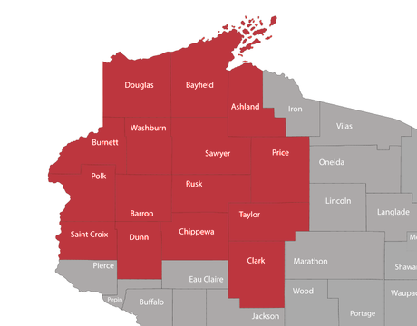 Color-coded county map with many west and central counties highlighted in red, others gray.