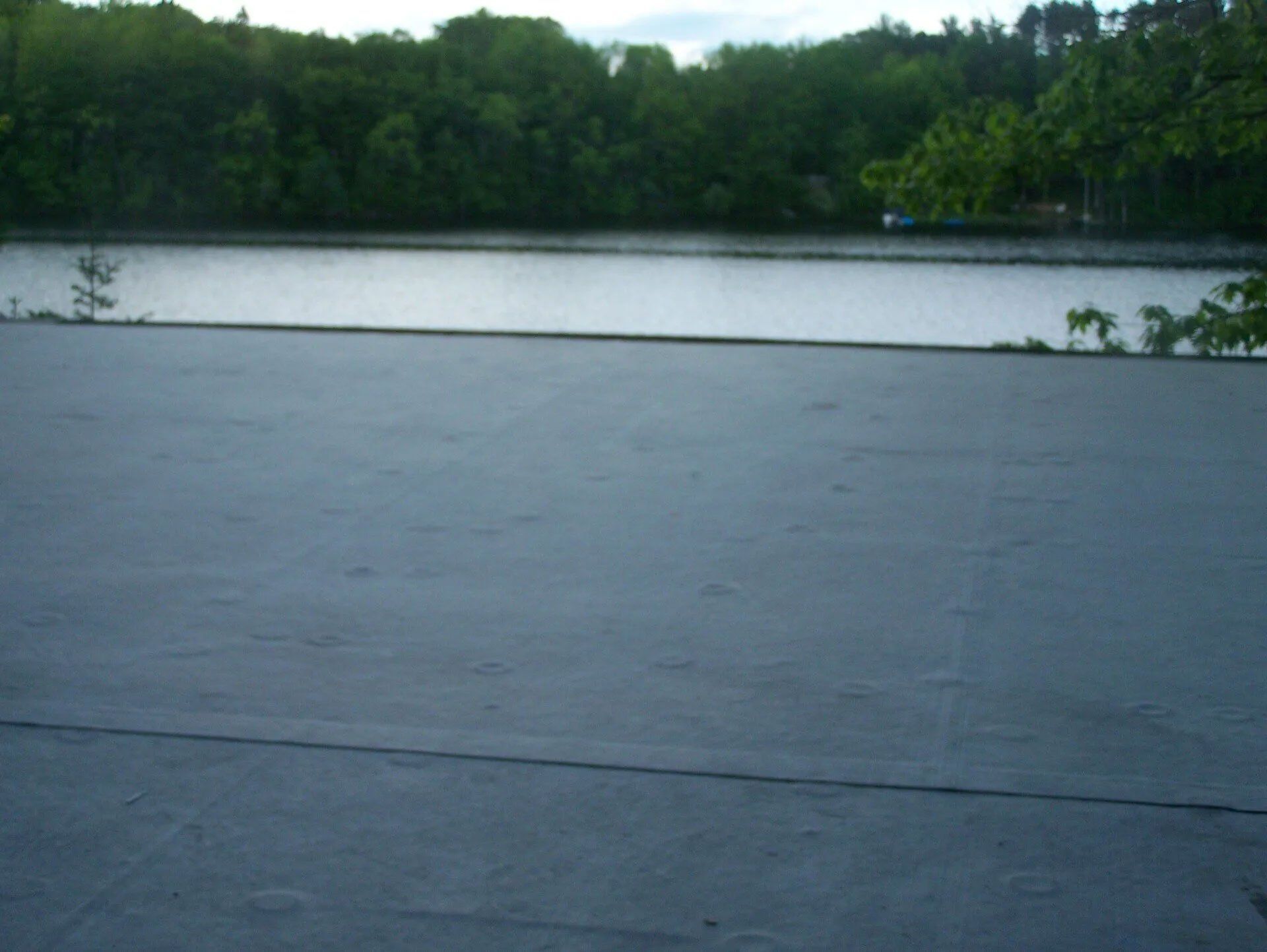 Concrete foreground overlooking a calm lake with trees along the far shore under a cloudy sky