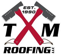 TM Roofing logo with crossed red hammers, black “TM,” and “EST. 1990” text