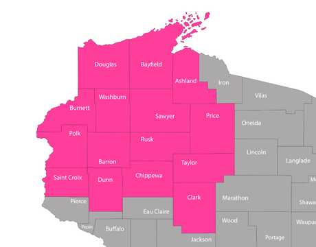 Color-coded county map with many west and central counties highlighted in pink, others gray.