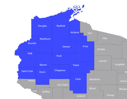 Color-coded county map with many west and central counties highlighted in pink, others gray.