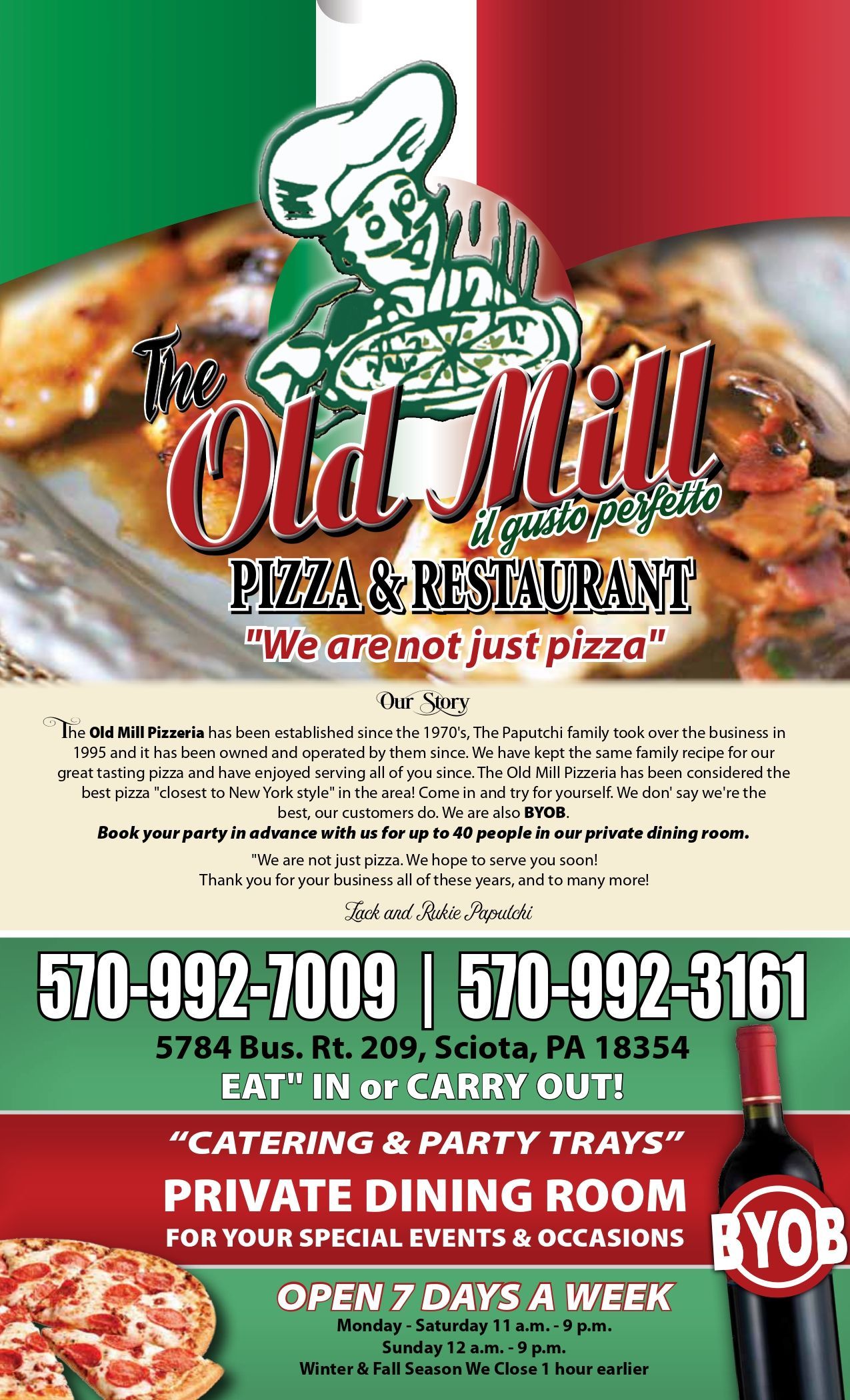 Advertisement for The Old Mill Pizza & Restaurant, featuring a chef logo, phone numbers, address, and mentions of catering and a private dining room.