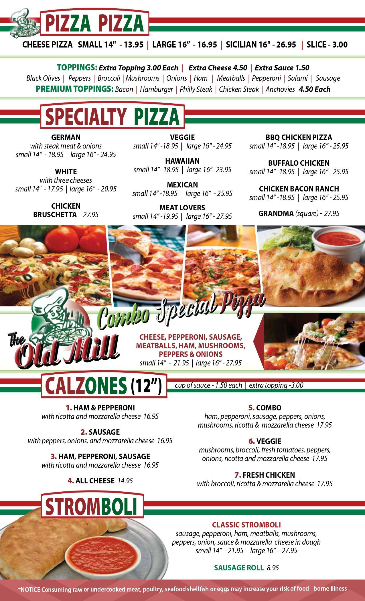 Pizza Pizza menu with specialty pizzas, calzones, and stromboli.