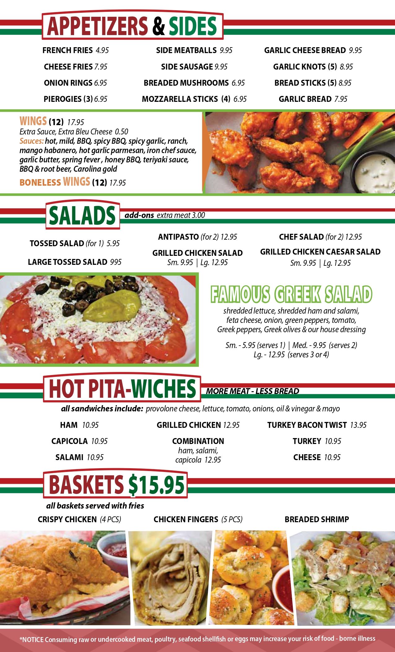 Menu with appetizers, salads, hot pita-wiches, and baskets, including a photo of chicken wings.