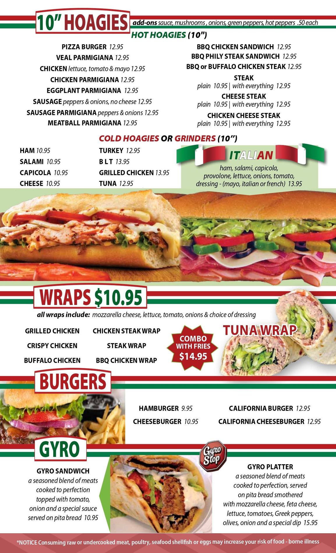 Menu featuring hoagies, wraps, burgers, and a gyro.