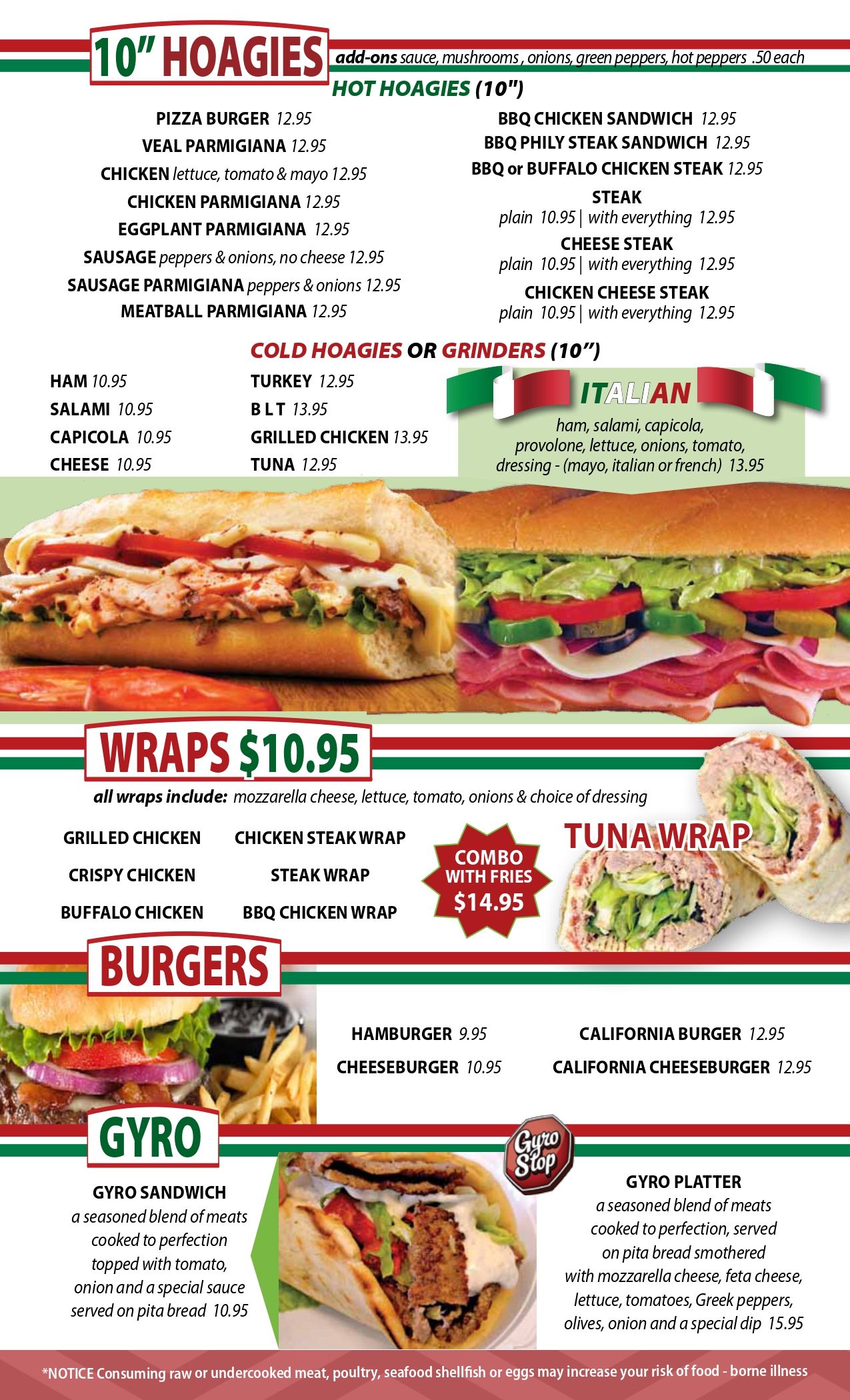 Menu featuring hoagies, wraps, burgers, and a gyro.