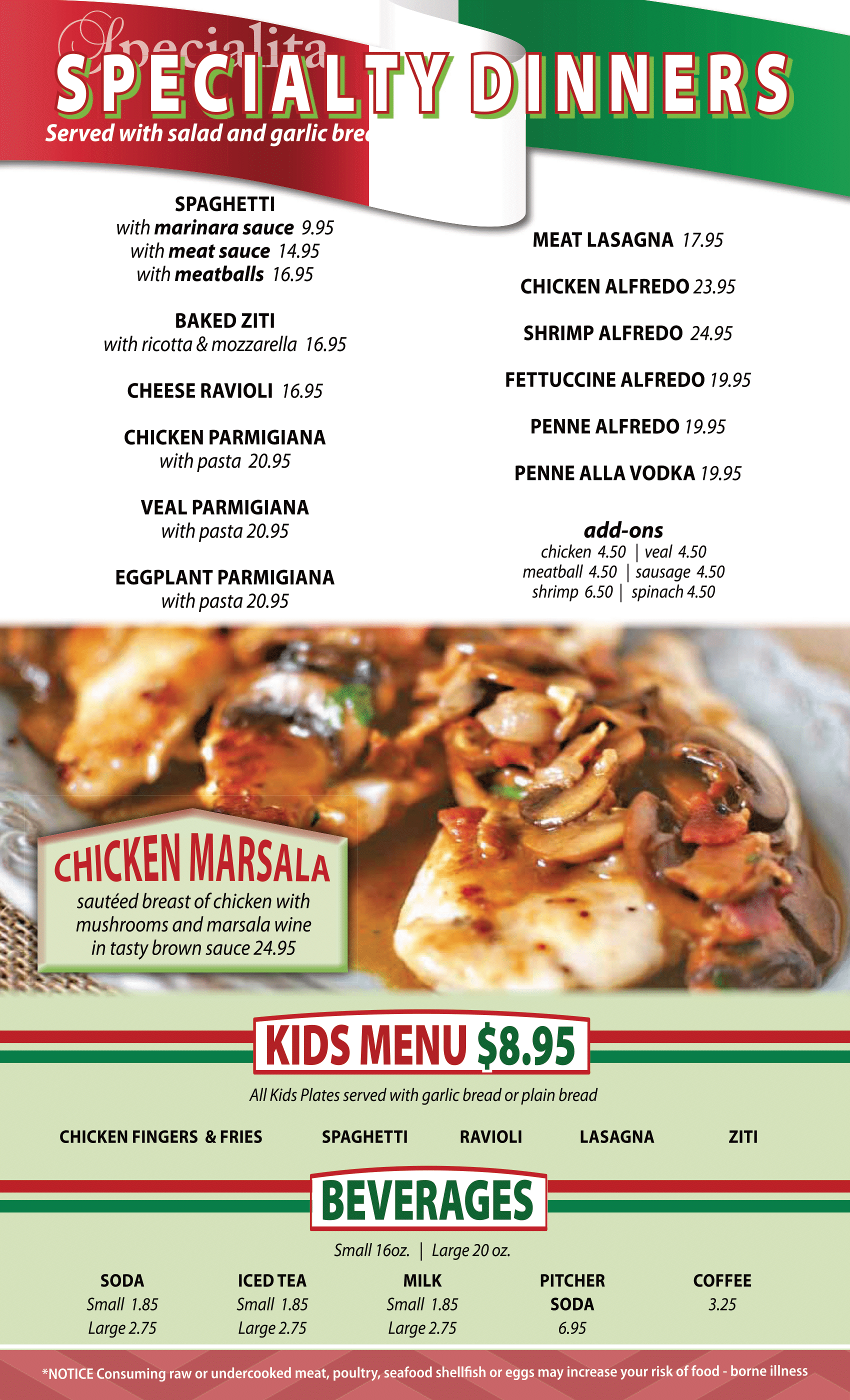 Old Mill Pizzeria - Specialty Dinners, Kids Menu, and Beverages Menu