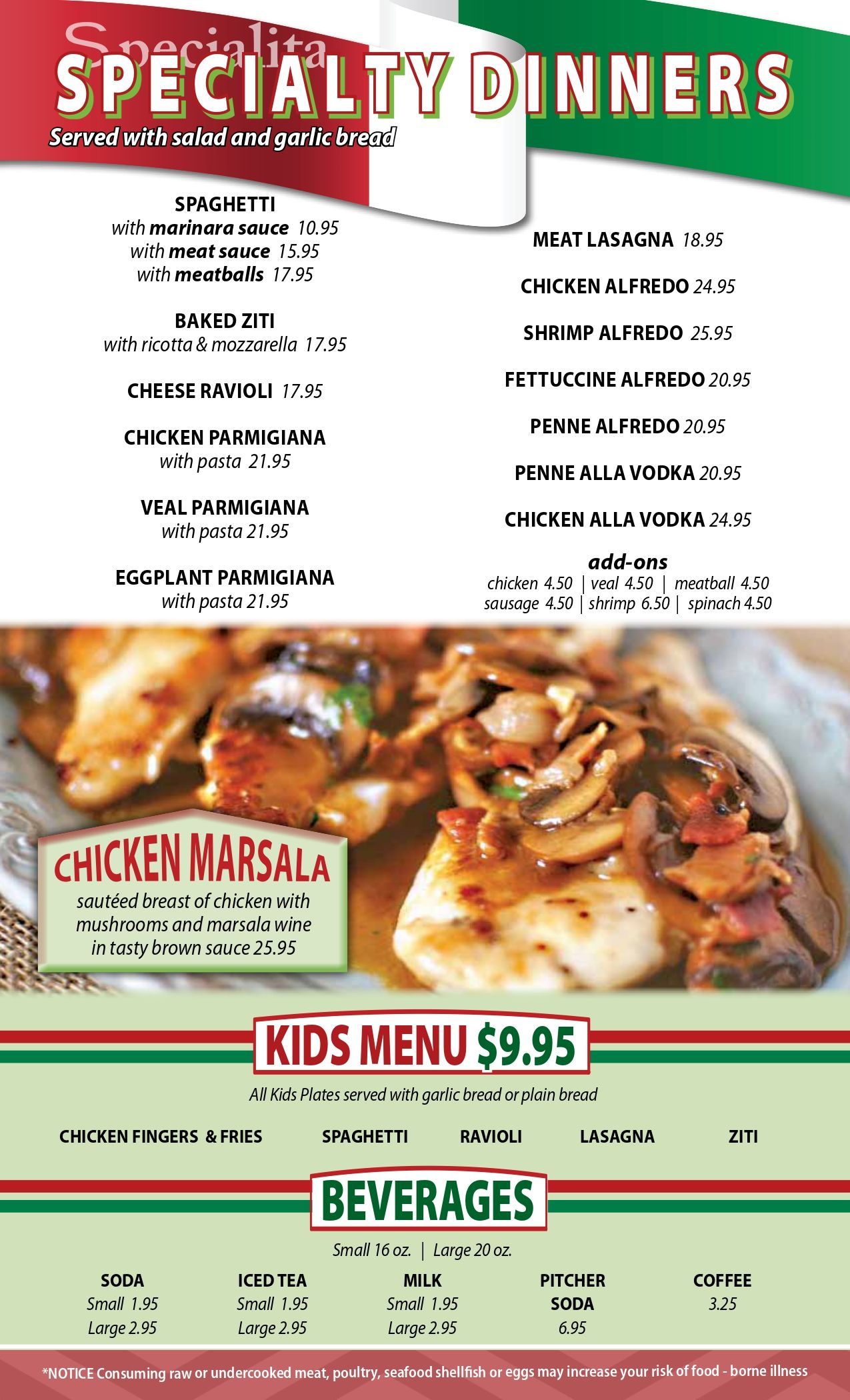 Italian restaurant menu with specialty dinners, Chicken Marsala, and kids' menu.