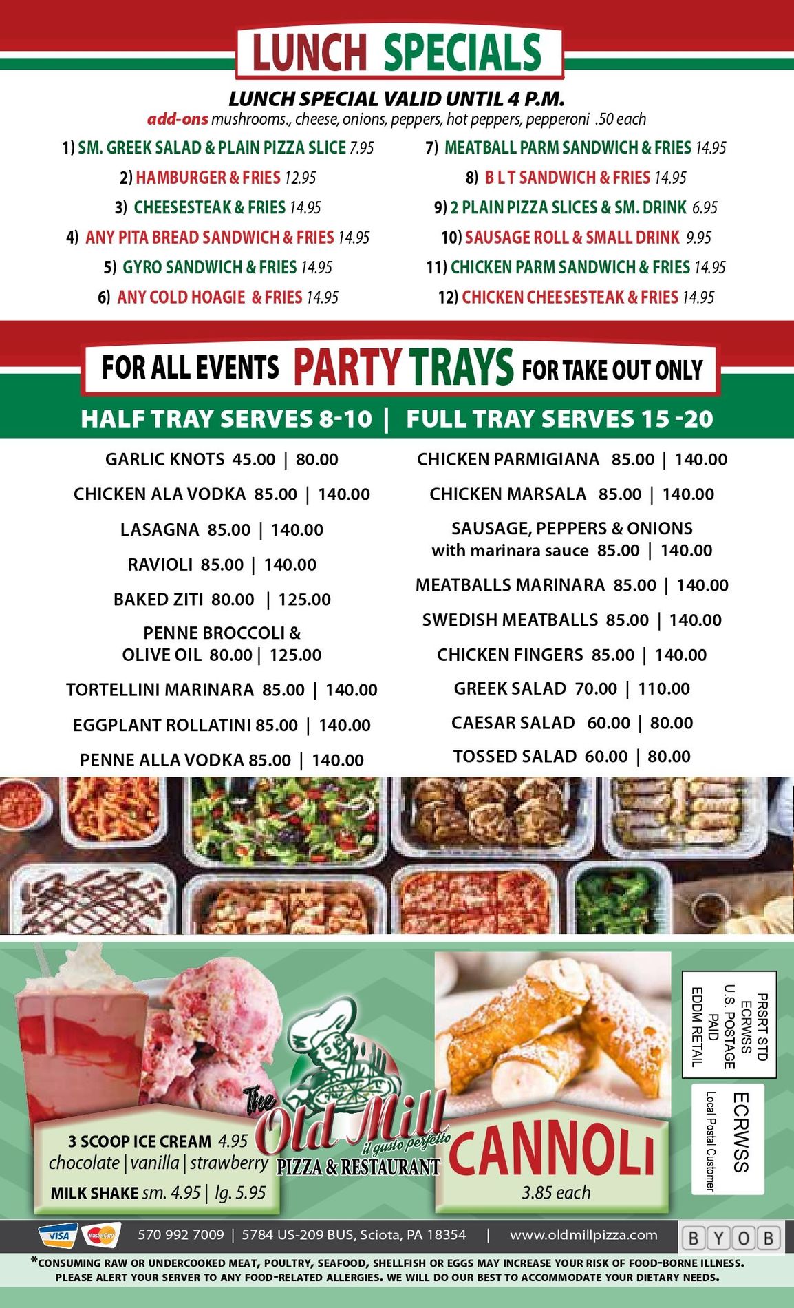 Italian restaurant menu featuring lunch specials, party trays, and cannoli.