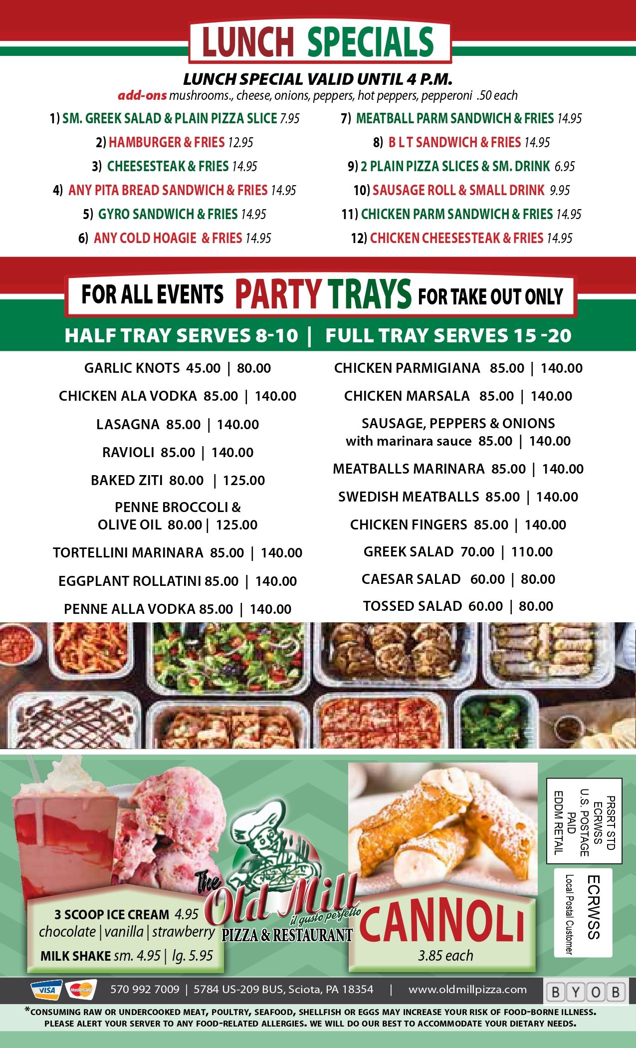 Italian restaurant menu featuring lunch specials, party trays, and cannoli.