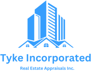 Logo: Blue buildings over blue houses; "Tyke Incorporated" and "Real Estate Appraisals Inc." text.