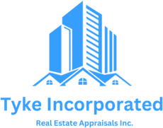 Logo: Blue buildings over blue houses; "Tyke Incorporated" and "Real Estate Appraisals Inc." text.
