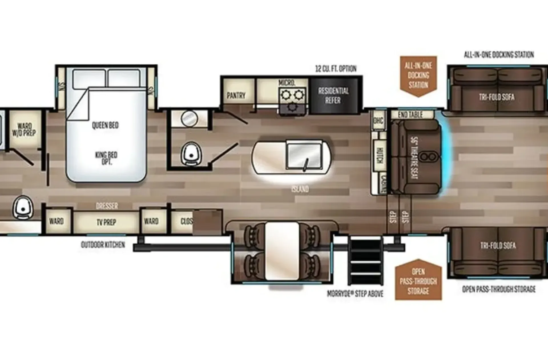 A floor plan of a rv with a bedroom , living room , and kitchen.