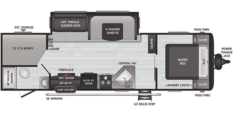 A black and white floor plan of a travel trailer.