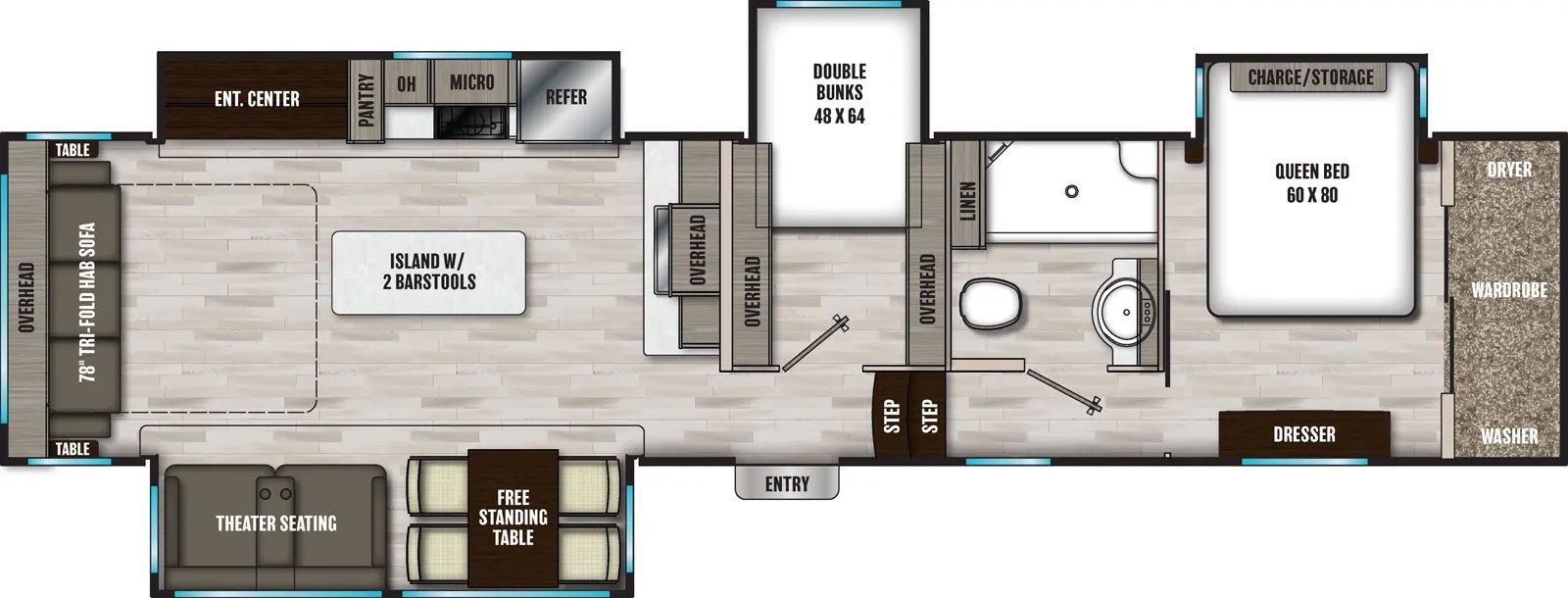 A floor plan of a rv with a bed , kitchen , and bathroom.