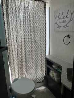 A bathroom with a toilet and a shower curtain.
