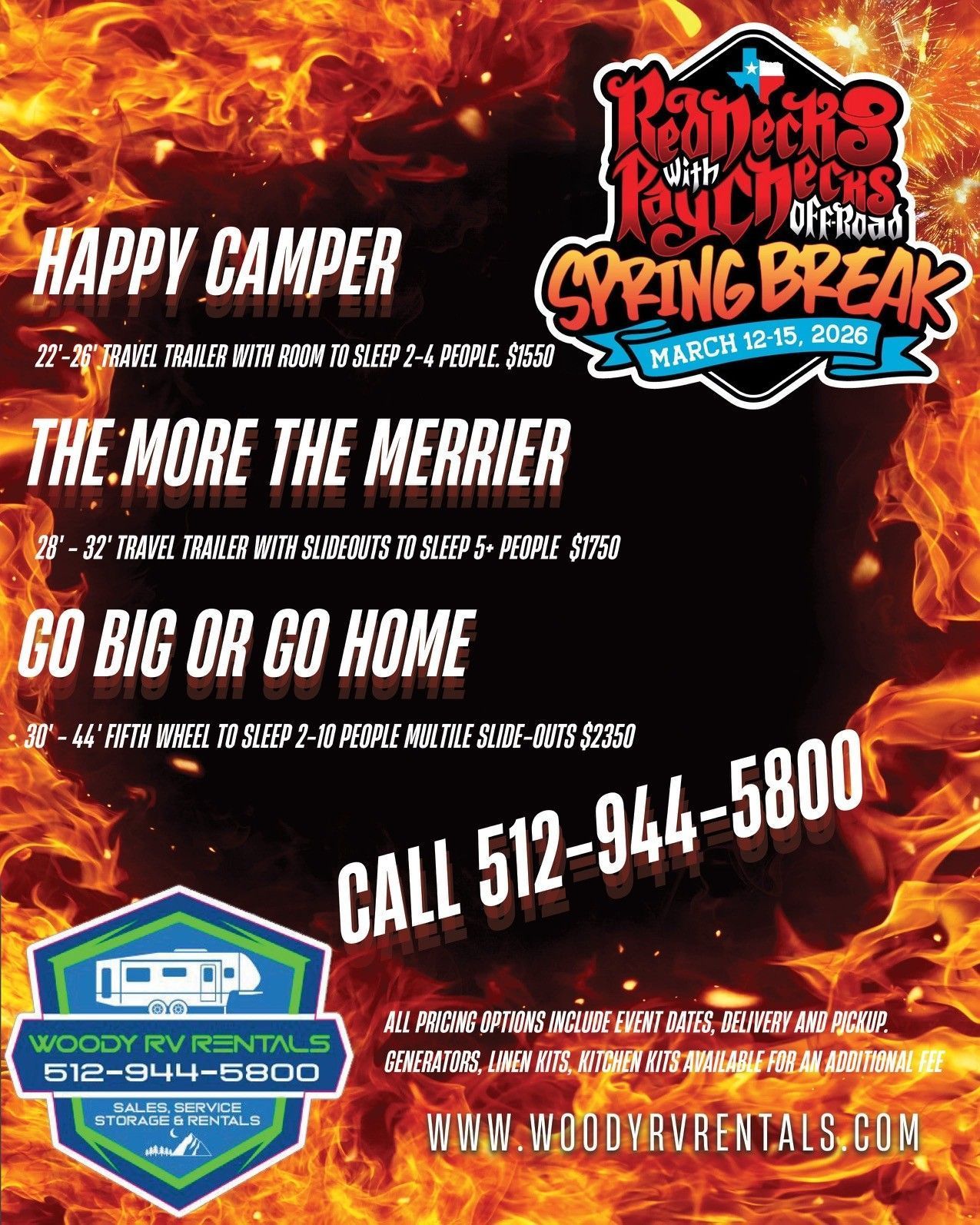 Fiery promotional flyer for Rangers at the Rodeo opening weekend, with camping offers and contact info