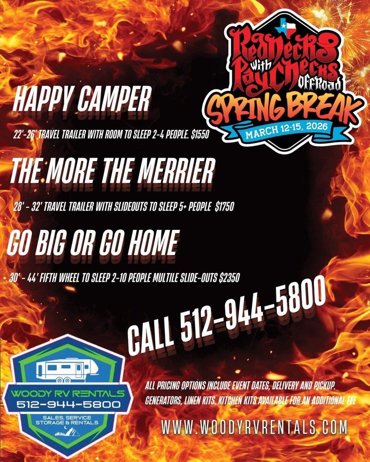 Fiery promotional flyer for Rangers at the Rodeo opening weekend, with camping offers and contact info