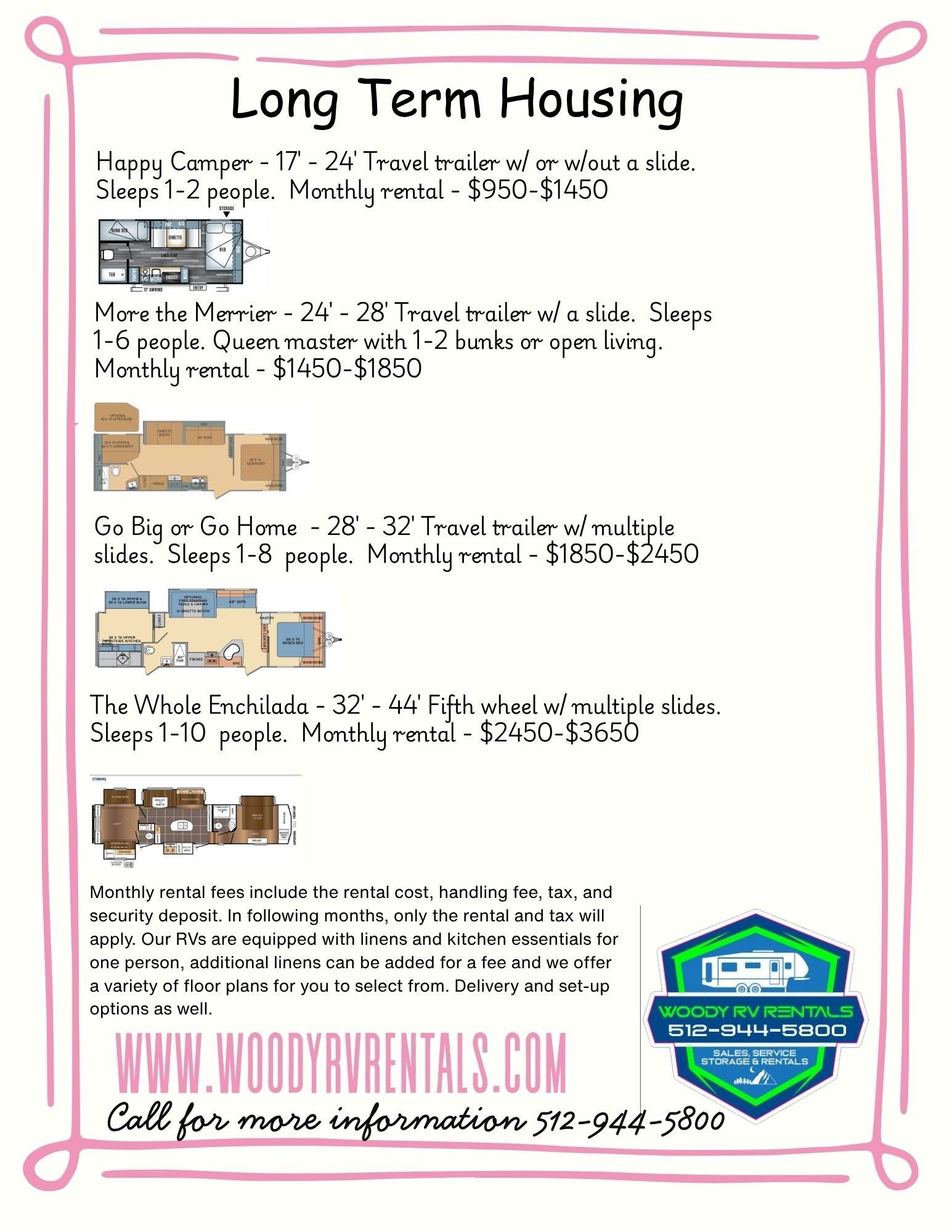 Long Term Housing flyer listing furnished rentals with photos, contact details, and website in pink and black