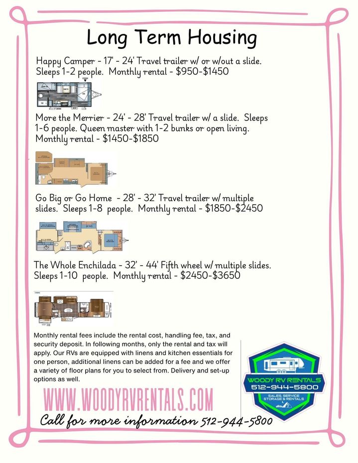Long Term Housing flyer listing furnished rentals with photos, contact details, and website in pink and black