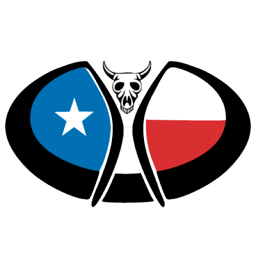 A logo with a bull skull and a texas flag