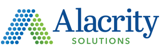A blue and green logo for alacrity solutions