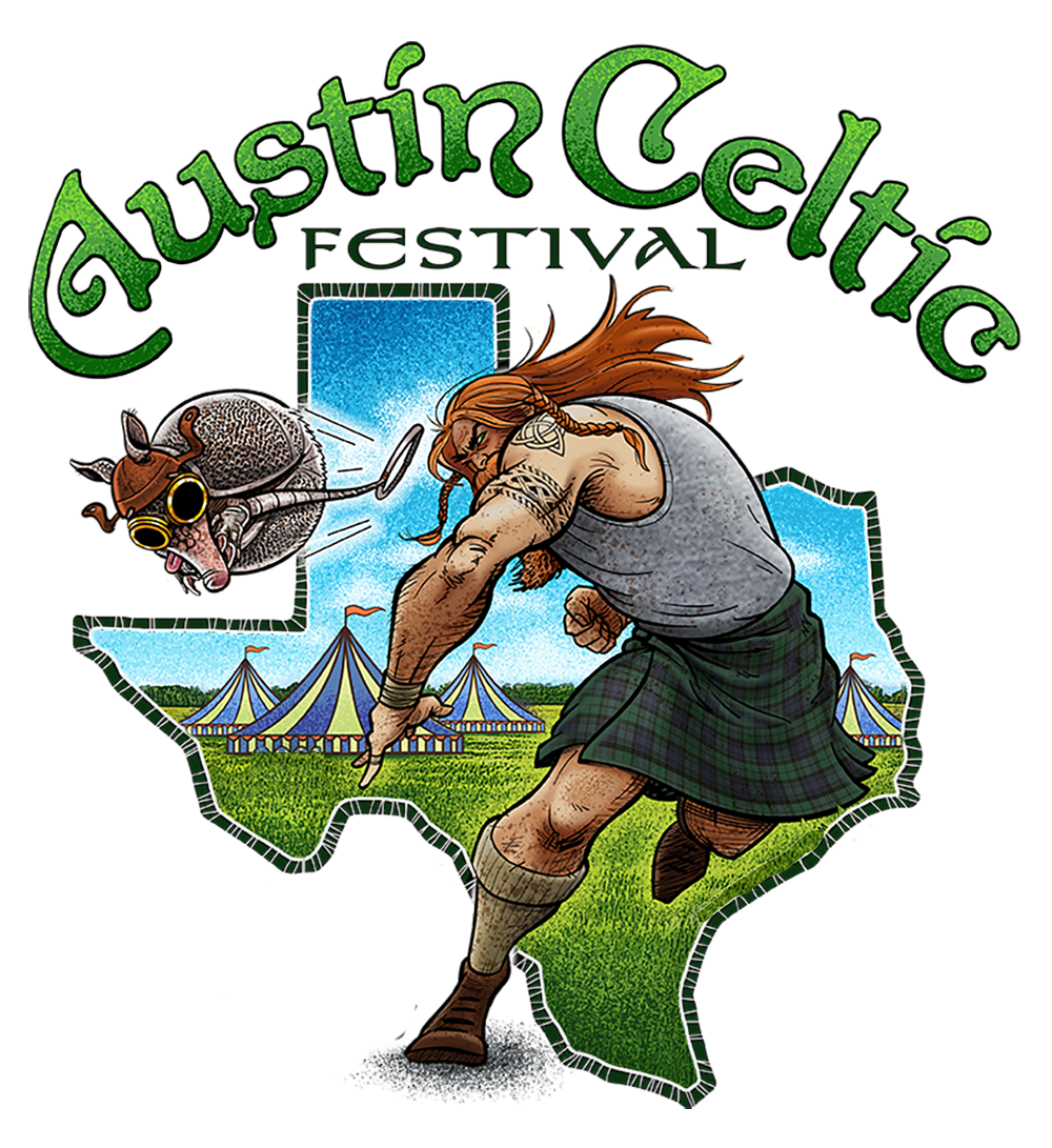 A logo for the austin celtic festival with a man in a kilt