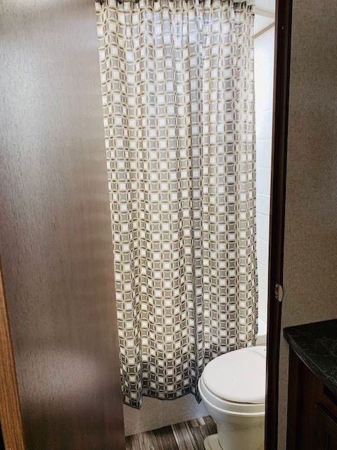 A bathroom with a shower curtain and a toilet.