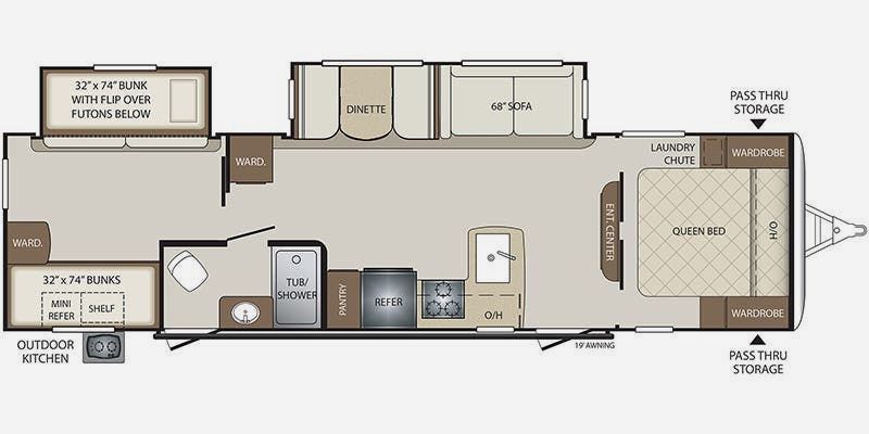 A floor plan of a rv with a bed and a kitchen.