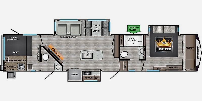 A floor plan of a fifth wheel trailer with a fireplace.
