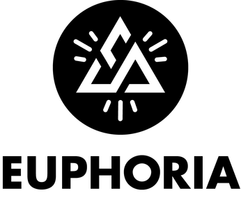 A black and white logo for euphoria with a triangle in a circle.
