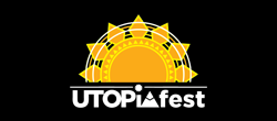 A logo for utopia fest with a yellow sun on a black background.