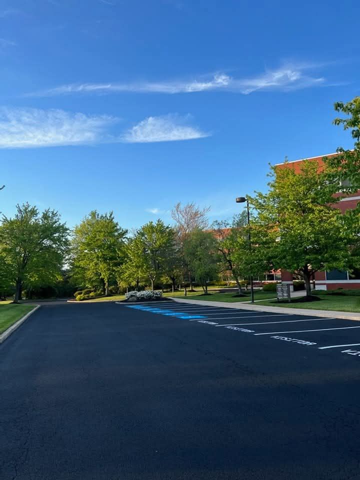 Empty parking lot with trees and a building against a bright blue sky.