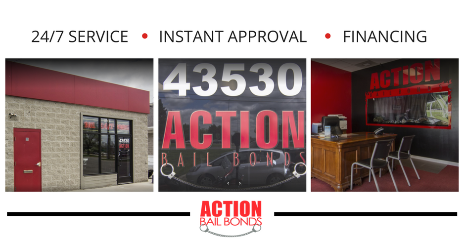 Action Bail Bonds advertisement: building exterior, street number, office interior, and company logo.