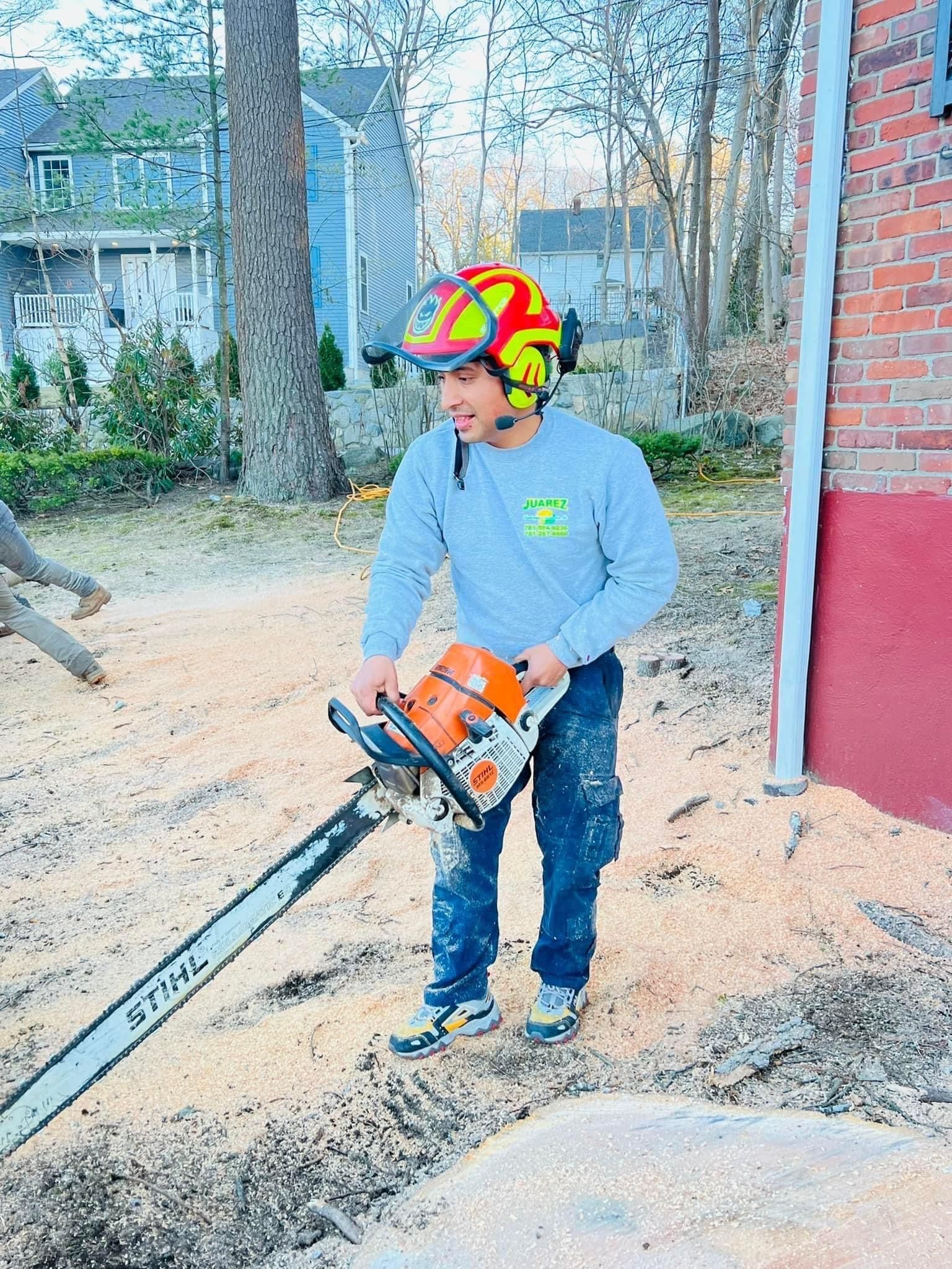Man with chainsaw, wearing helmet, cutting wood. Outdoor setting.