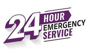 Purple and white 24-hour emergency service logo. 24 in large, white font, angled with a shadow effect.