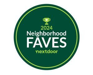 2024 Neighborhood Faves award badge from Nextdoor, dark green circle with white text and a green trophy icon.