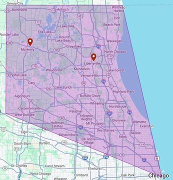 Map of Chicago area with two markers labeled Midway and North Chicago, purple shaded region.
