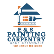 Logo for E & S Painting and Carpentry, featuring a house with a paint brush, ruler, and text: "Fully Licensed and Insured."