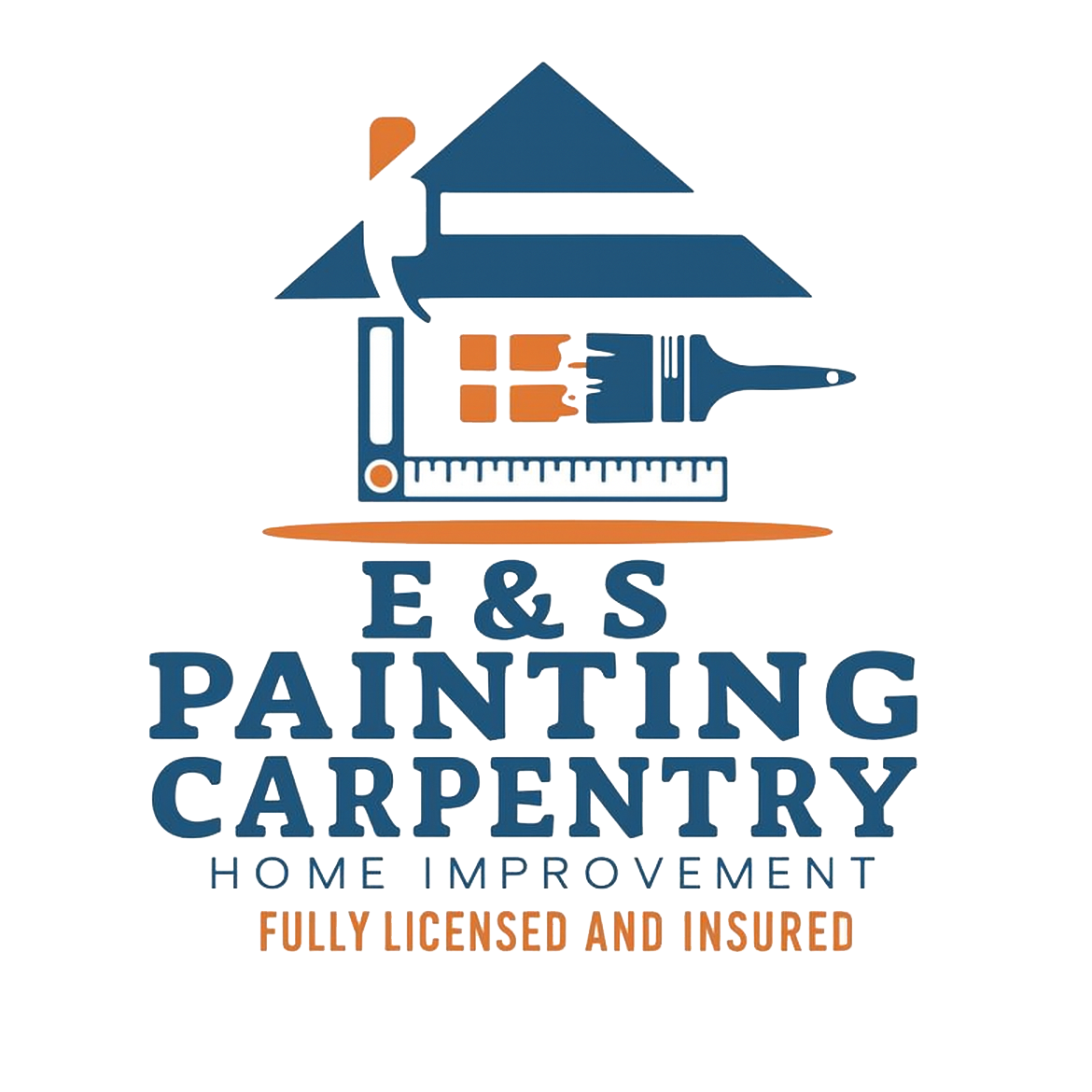 Logo for E & S Painting and Carpentry, featuring a house with a paint brush, ruler, and text: "Fully Licensed and Insured."